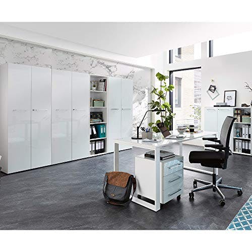 Lomadox Design Büromöbel Komplett-Set in weiß mit Glasfronten und Glasauflagen &amp; 160cm Glas-Schreibtisch