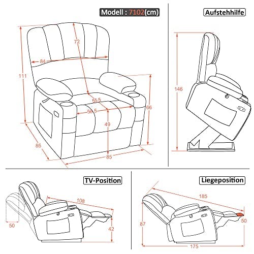M MCombo Relaxsessel mit Aufstehhilfe &amp; Liegefunktion 7102, Fernsehsessel elektrisch verstellbar, TV Sessel mit Massage Wärmefunktion, für Senioren Wohnzimmer, USB (Mikrofaser-Stoff, Grau) 1