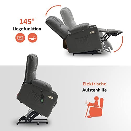 M MCombo Relaxsessel mit Aufstehhilfe &amp; Liegefunktion 7102, Fernsehsessel elektrisch verstellbar, TV Sessel mit Massage Wärmefunktion, für Senioren Wohnzimmer, USB (Mikrofaser-Stoff, Grau) 2