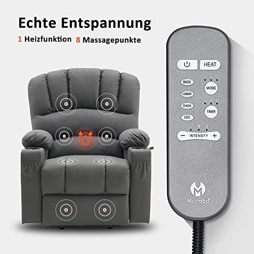 M MCombo Relaxsessel mit Aufstehhilfe &amp; Liegefunktion 7102, Fernsehsessel elektrisch verstellbar, TV Sessel mit Massage Wärmefunktion, für Senioren Wohnzimmer, USB (Mikrofaser-Stoff, Grau) 3