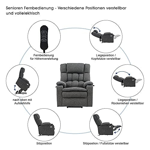 M MCombo elektrische Aufstehhilfe Relaxsessel 7546, mit 3 Motoren getrennt verstellbar, Liegeposition bis 165°, TV Sessel mit USB, für Senioren Wohnzimmer (Grau-Stoff) 2