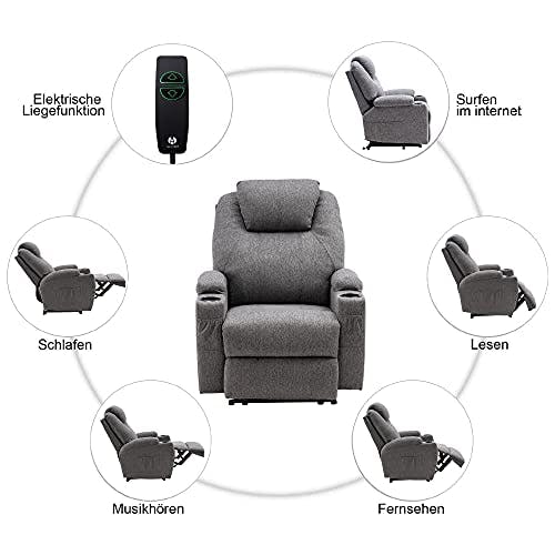 M MCombo Elektrisch Relaxsessel Massagesessel Fernsehsessel Liegefunktion Vibration Heizung 7061 neues Modell, Ergonomisch (Grau-Stoff) 1