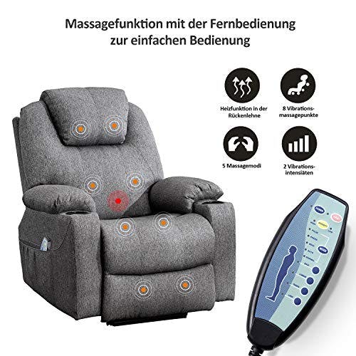 M MCombo Elektrisch Relaxsessel Massagesessel Fernsehsessel Liegefunktion Vibration Heizung 7061 neues Modell, Ergonomisch (Grau-Stoff) 2