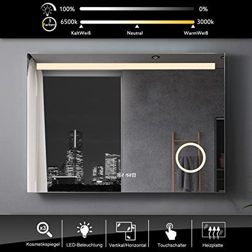 MEESALISA LED Badspiegel 100x70 cm mit Beleuchtung Badezimmer Wandspiegel Antibeschlage Lichtspiegel mit Steckdose Uhr Touch Dimmbar 0