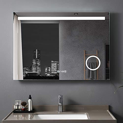 MEESALISA LED Badspiegel 100x70 cm mit Beleuchtung Badezimmer Wandspiegel Antibeschlage Lichtspiegel mit Steckdose Uhr Touch Dimmbar