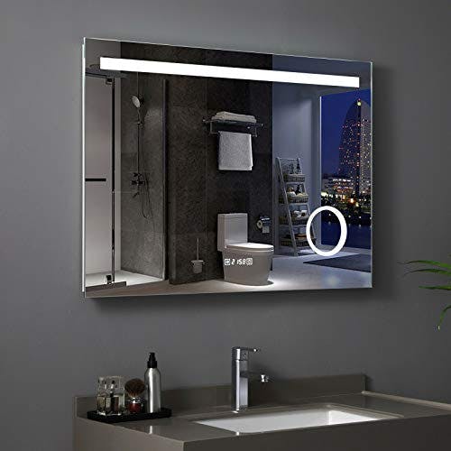 MIQU Badezimmerspiegel mit Beleuchtung 80x60cm Badspiegel Warmweiß/Kaltweiß LED Licht Wandspiegel mit Steckdose 3-Fach Vergrößerung Touch Beschlagfrei Uhr 0