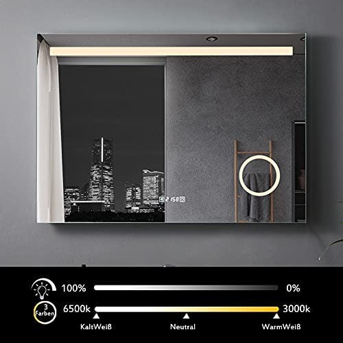 MIQU Badezimmerspiegel mit Beleuchtung 80x60cm Badspiegel Warmweiß/Kaltweiß LED Licht Wandspiegel mit Steckdose 3-Fach Vergrößerung Touch Beschlagfrei Uhr 1