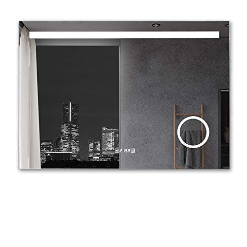 MIQU Badezimmerspiegel mit Beleuchtung 80x60cm Badspiegel Warmweiß/Kaltweiß LED Licht Wandspiegel mit Steckdose 3-Fach Vergrößerung Touch Beschlagfrei Uhr