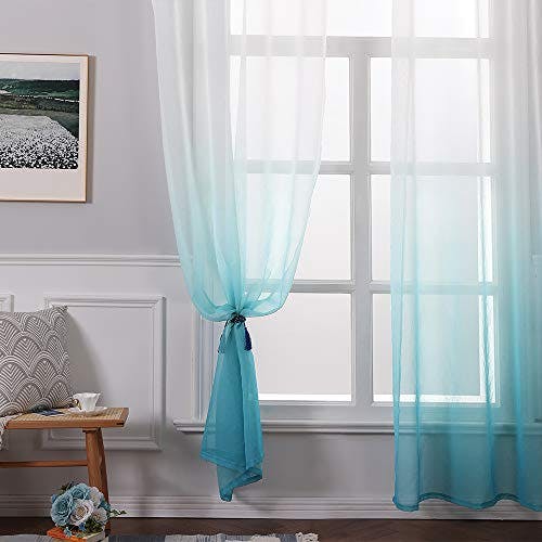MIULEE Gardinen Transparent Vorhänge Farbverlauf Voile Sheer 2er Set Vorhang mit Ösen Dekoschal Fensterschal für Schlafzimmer und Wohnzimmer 225 cm x 140 cm(H x B) Weiß Blau 2