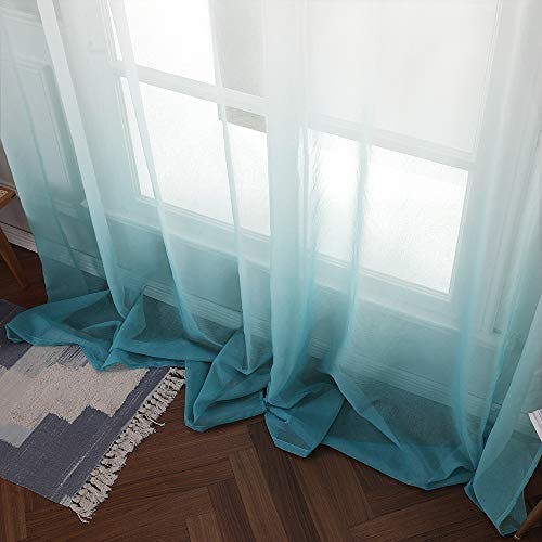 MIULEE Gardinen Transparent Vorhänge Farbverlauf Voile Sheer 2er Set Vorhang mit Ösen Dekoschal Fensterschal für Schlafzimmer und Wohnzimmer 225 cm x 140 cm(H x B) Weiß Blau 3