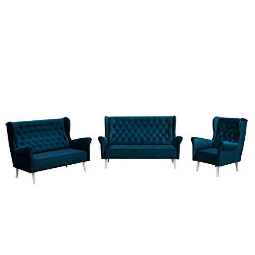 MOEBLO Ohrensofa 3 Sitzer 2 Sitzer und Sessel Sofa Couch Garnitur Stoff Samt (Velour) Glamour Wohnlandschaft Chesterfield - Velo (Dunkelblau)