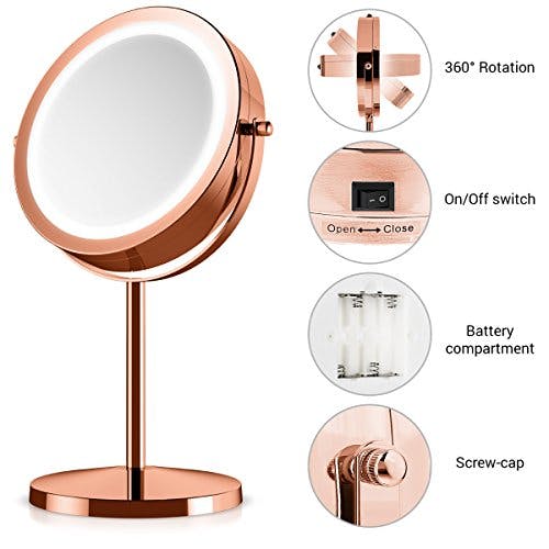 Navaris Kosmetikspiegel mit LED Beleuchtung - Spiegel mit 5fach Vergrößerung Make Up Standspiegel - Schminkspiegel beleuchtet 360° drehbar in Kupfer 1