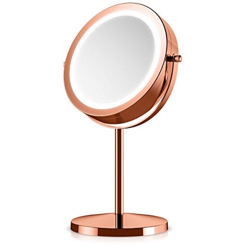 Navaris Kosmetikspiegel mit LED Beleuchtung - Spiegel mit 5fach Vergrößerung Make Up Standspiegel - Schminkspiegel beleuchtet 360° drehbar in Kupfer 3