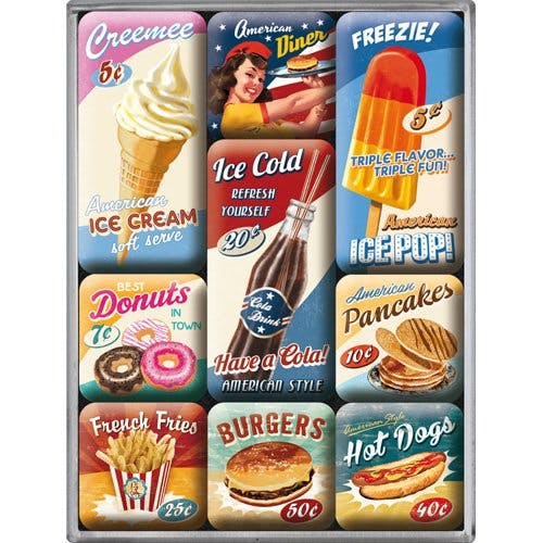 Nostalgic-Art Retro Kühlschrank-Magnete, American Diner – Geschenk-Idee für Diner-Fans, Magnetset für Magnettafel, Vintage-Design, 9 Stück