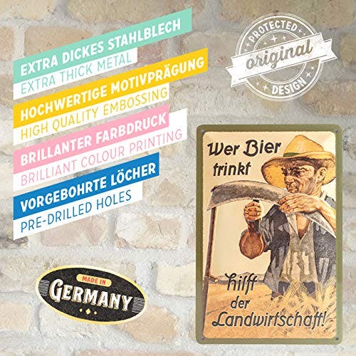 Nostalgic-Art Retro Blechschild, 20 x 30 cm, Wer Bier trinkt hilft der Landwirtschaft – Geschenk-Idee für Bier-Fans, aus Metall, Vintage Design mit Spruch 3