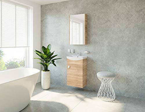 Planetmöbel Badmöbel Set aus Waschtisch + Waschbecken + Spiegelschrank, Gäste Bad WC, Farbe Sonoma Eiche