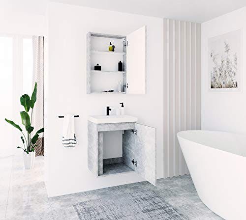 Planetmöbel Waschbeckenunterschrank mit Keramikwaschbecken &amp; Spiegelschrank 50cm in Beton, modernes Badmöbel Set für Badezimmer WC 0