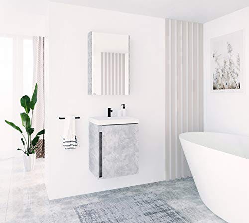 Planetmöbel Waschbeckenunterschrank mit Keramikwaschbecken &amp; Spiegelschrank 50cm in Beton, modernes Badmöbel Set für Badezimmer WC 1