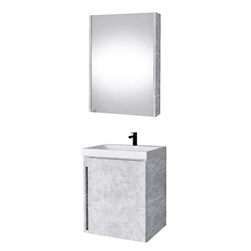Planetmöbel Waschbeckenunterschrank mit Keramikwaschbecken &amp; Spiegelschrank 50cm in Beton, modernes Badmöbel Set für Badezimmer WC