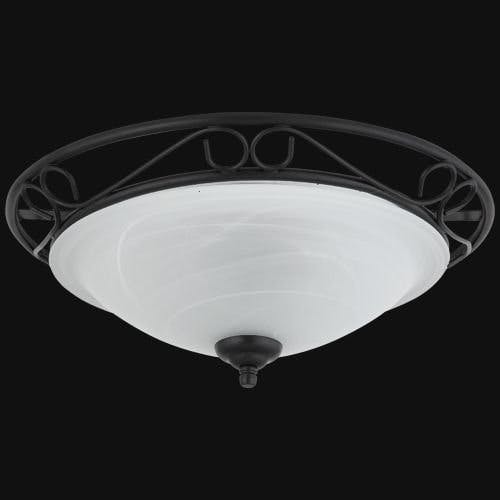 Mediterrane Deckenlampe aus weißem Alabasterglas mit schwarzem Metallgestell in Schmiedeoptik 37 cm Durchmesser