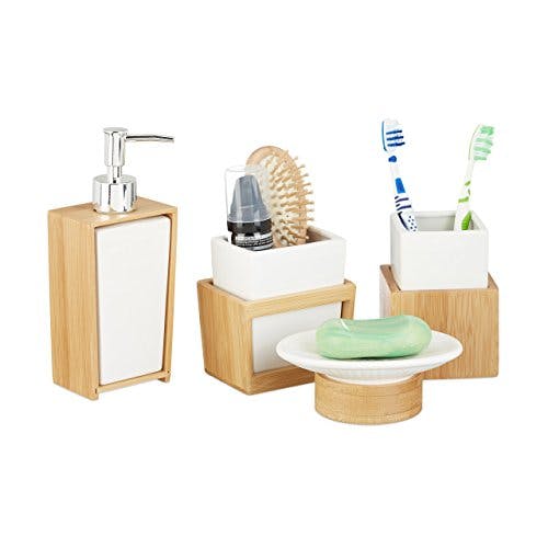 Relaxdays Badezimmer Set, 4-teiliges Badzubehör aus Keramik und Bambus, Seifenspender und Zahnputzbecher, natur-weiß, 10 x 14 x 20 cm