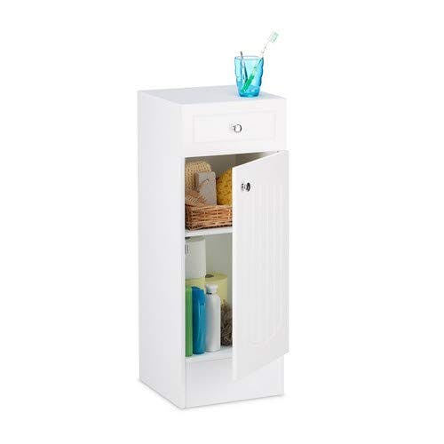 Relaxdays Badschrank Holz, kleiner Badezimmerschrank mit Schublade, Lamellen Design, HBT: 80 x 30,5 x 30,5 cm, weiß