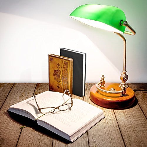 Relaxdays Bankerlampe, neigbarer Glasschirm, Holzfuß, E27-Fassung, Schreibtischlampe Retro, Bibliothekslampe, grün-braun, 42 x 26 x 25 cm