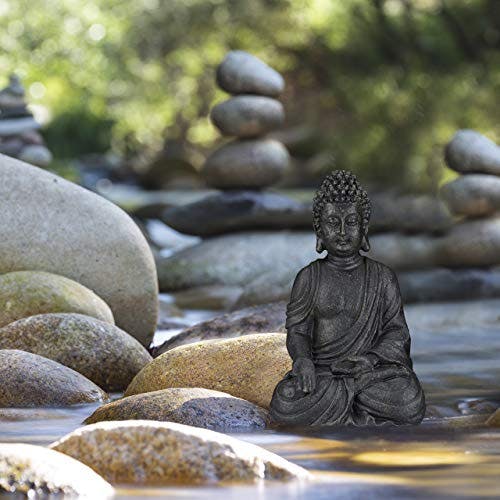 Relaxdays Buddha Figur sitzend 18cm, Dekofigur für Wohnzimmer, Bad und Garten, feuchtigkeitsresistent, Kunststein, grau 3