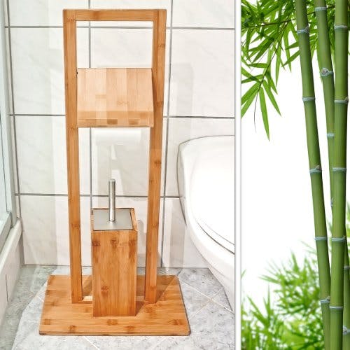 Relaxdays WC Garnitur aus Bambus, HBT: 82 x 36 x 21 cm, Standgarnitur mit Toilettenbürste und Klorollenhalter, Toilettenpapierhalter, natur 0