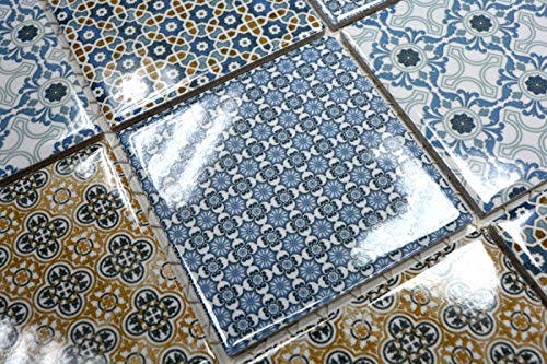 Retro Vintage Mosaik Fliesenspiegel Küchenrückwand weiß blau orange grau Fliesenspiegel Patchwork - MOS22B-1404 0