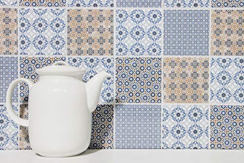Retro Vintage Mosaik Fliesenspiegel Küchenrückwand weiß blau orange grau Fliesenspiegel Patchwork - MOS22B-1404 1