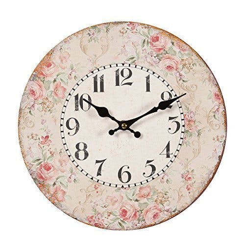 linoows Wand-Uhr mit Rosenblüten Rand, Romantische Landhaus Rosen Uhr 28 cm