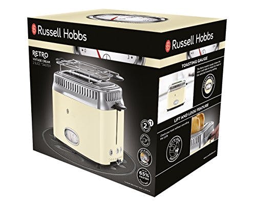 Russell Hobbs Toaster [für 2 Scheiben] Retro Edelstahl Creme (Countdown-Anzeige im Retrodesign, inkl. Brötchenaufsatz, 6 Bräunungsstufen + Auftau- &amp; Aufwärmfunktion, 1300W) Vintage 21682-56 0