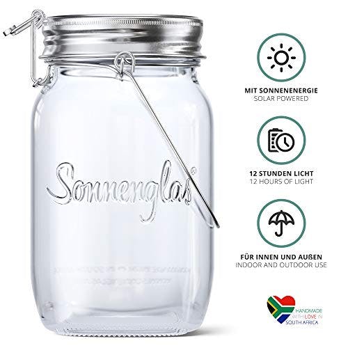 SONNENGLAS Classic 1000ml | Die Original Solarlampe/Solar-Laterne im Einmachglas aus Südafrika | Bekannt aus Pro7 Galileo | USB Anschluss | warmweiße LEDs | Fair Trade