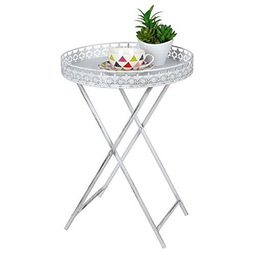 Spetebo Shabby Chic Beistelltisch mit Tablett - Antik Sofatisch Couchtisch - Metall Blumen Tisch weiß