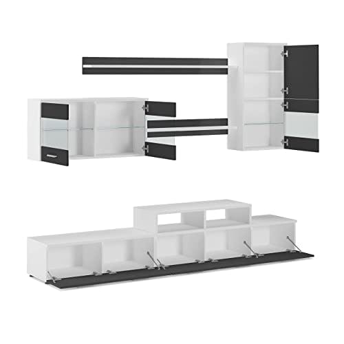 Skraut Home – Wohnzimmermöbel – 194 x 250 x 42 cm – LED-Beleuchtungssystem – Modell Alfa II – große Speicherkapazität – moderner Stil – Ausführung in Weiß/Schwarz 1