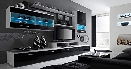 Skraut Home – Wohnzimmermöbel – 194 x 250 x 42 cm – LED-Beleuchtungssystem – Modell Alfa II – große Speicherkapazität – moderner Stil – Ausführung in Weiß/Schwarz