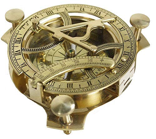 Sonnenuhr-Kompass mit Sonnen-Zifferblatt aus massivem Messing, 10,2 cm