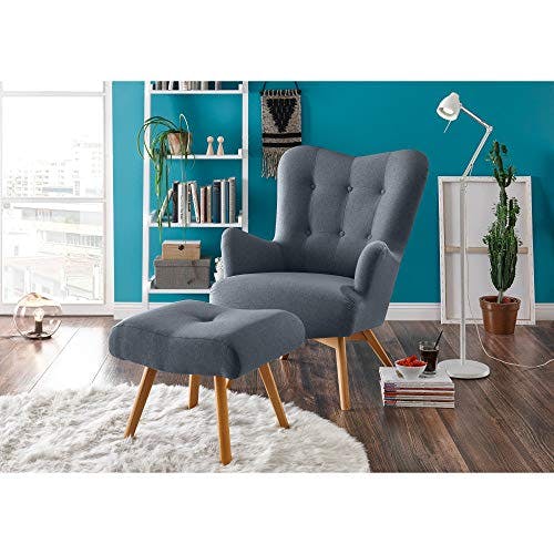 Stella Trading ARNDT Sessel mit Hocker und geknöpfter Polsterung, Steel Grey - Wohnzimmer Fernsehsessel mit Massivholz Füßen &amp; Microvelours Bezug - 77 x 101 x 100 cm (B/H/T) 0