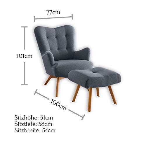 Stella Trading ARNDT Sessel mit Hocker und geknöpfter Polsterung, Steel Grey - Wohnzimmer Fernsehsessel mit Massivholz Füßen &amp; Microvelours Bezug - 77 x 101 x 100 cm (B/H/T) 1