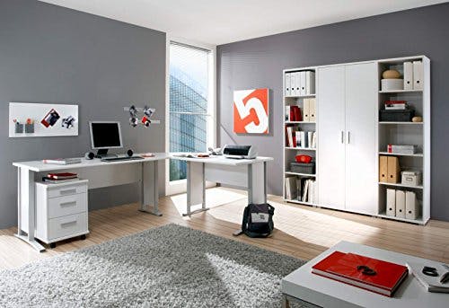 Stella Trading Office Line Büromöbel Komplettset in Weiß-Möbel Set 3-teilig bestehend aus Eckschreibtisch, Rollcontainer und Regalwand, Holzwerkstoff