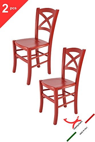 t m c s Tommychairs - 2er Set Stühle Cross für Küche und Esszimmer, robuste Struktur aus lackiertem Buchenholz im Farbton Rot und Sitzfläche aus lackiertem Holz in der Farbe Rot