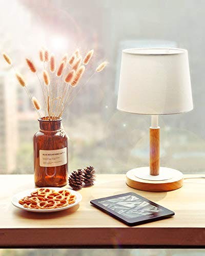 tomons Nachttischlampe Dimmbar aus Holz, Moderne Stil LED Tischlampe, Schreibtischlampe Retro für Schlafzimmer oder im Hotel oder Café - Weiß 1
