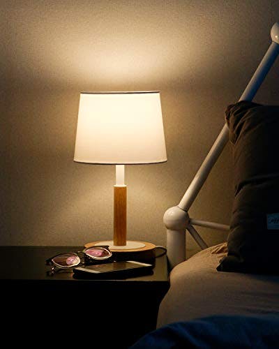 tomons Nachttischlampe Dimmbar aus Holz, Moderne Stil LED Tischlampe, Schreibtischlampe Retro für Schlafzimmer oder im Hotel oder Café - Weiß 2