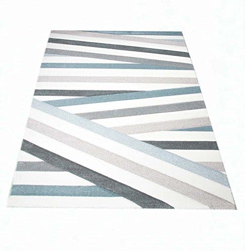Traum Teppich Designerteppich Moderner Teppich Wohnzimmerteppich Kurzflor Teppich mit Konturenschnitt Gestreift Grau Blau Weiß, Größe 120x170 cm 0