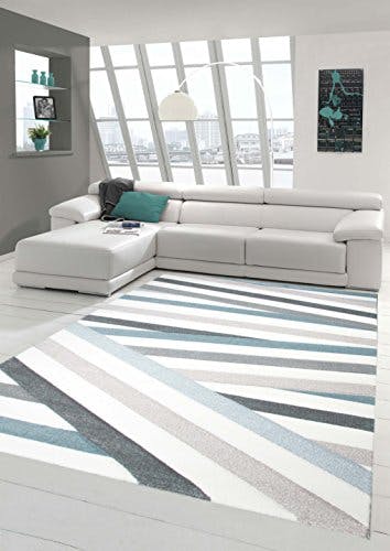 Traum Teppich Designerteppich Moderner Teppich Wohnzimmerteppich Kurzflor Teppich mit Konturenschnitt Gestreift Grau Blau Weiß, Größe 120x170 cm