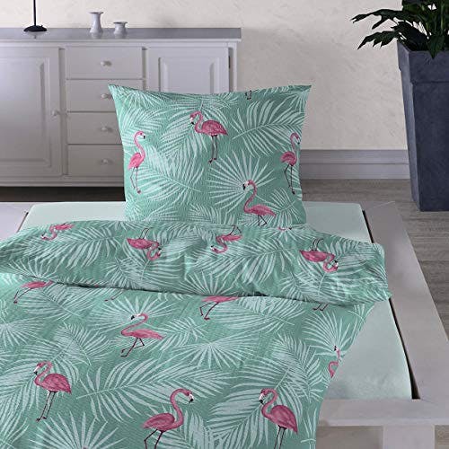 Traumschlaf Seersucker Bettwäsche Set • Top modernes Flamingo Design pink rosa sommerlich frisch mit grünen Palmenblättern und Reißverschluss • 135x200 cm + 80x80 cm 0