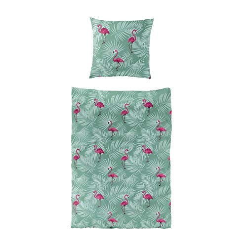 Traumschlaf Seersucker Bettwäsche Set • Top modernes Flamingo Design pink rosa sommerlich frisch mit grünen Palmenblättern und Reißverschluss • 135x200 cm + 80x80 cm 2