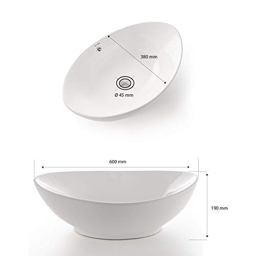 VILSTEIN Keramik Waschbecken, 60cm, Oval, Weiß, Mit Überlauf, Aufsatz-Waschschale für Waschtisch 2
