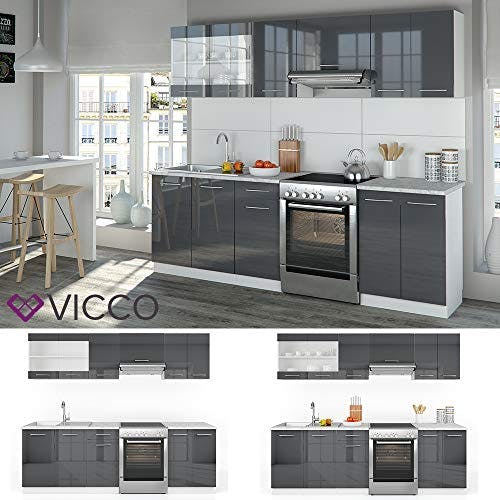Vicco Küchenzeile Raul, Anthrazit Hochglanz/Weiß, 240 cm mit Arbeitsplatte 1